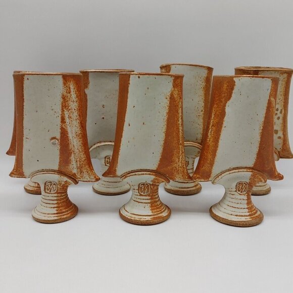 John Natale Vintage Pottery Brown Beige Clay Carafe with Cork Lid 7 Wine Cups - Picture 4 of 12